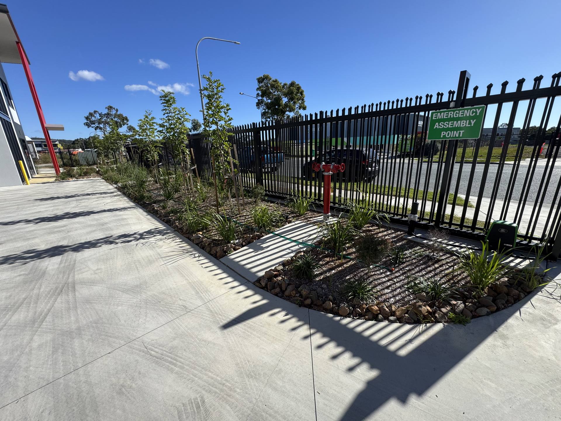 Newly planted garden bed along a commercial frontage