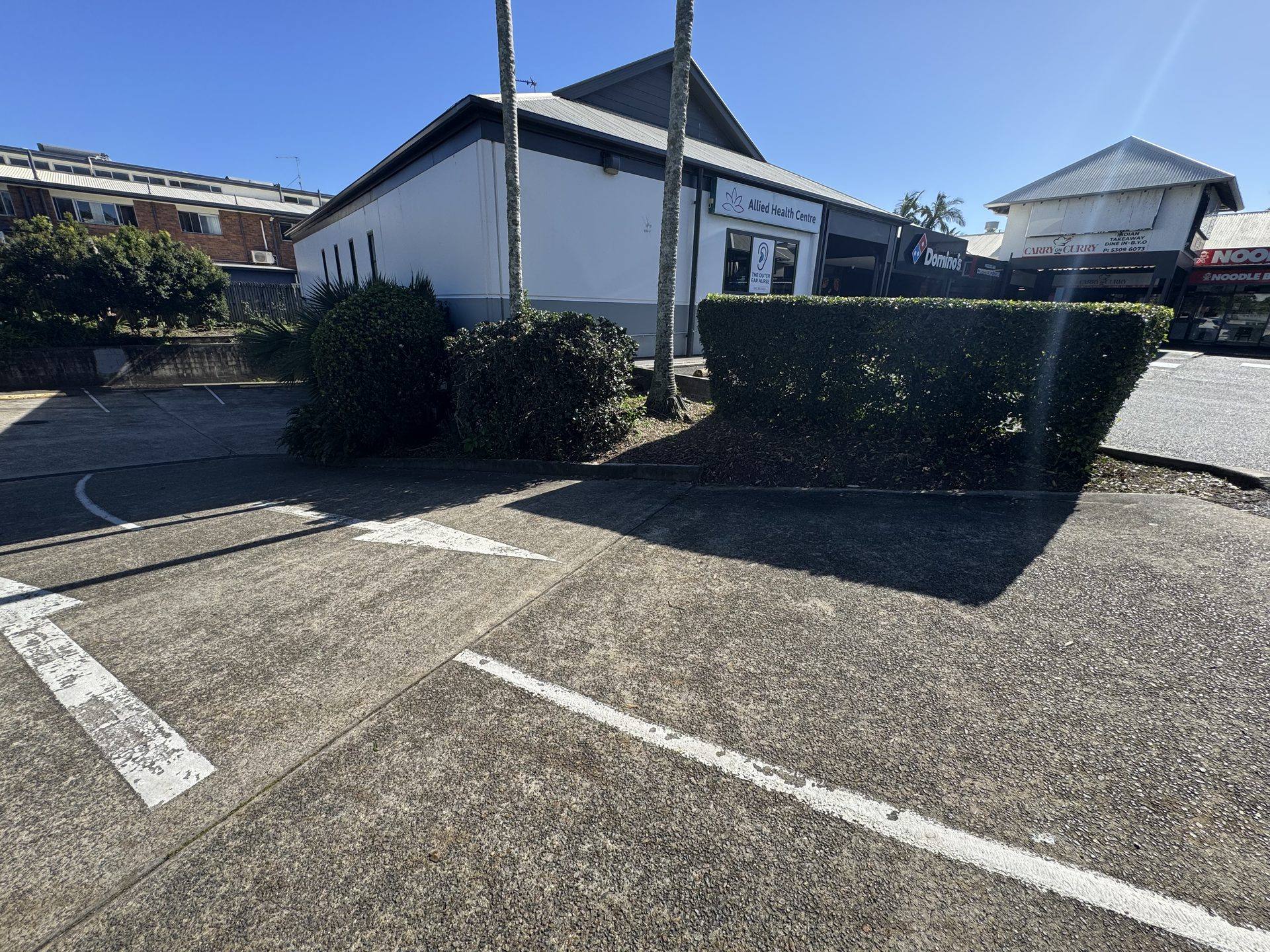 Mown lawn and palms in front of a commercial building