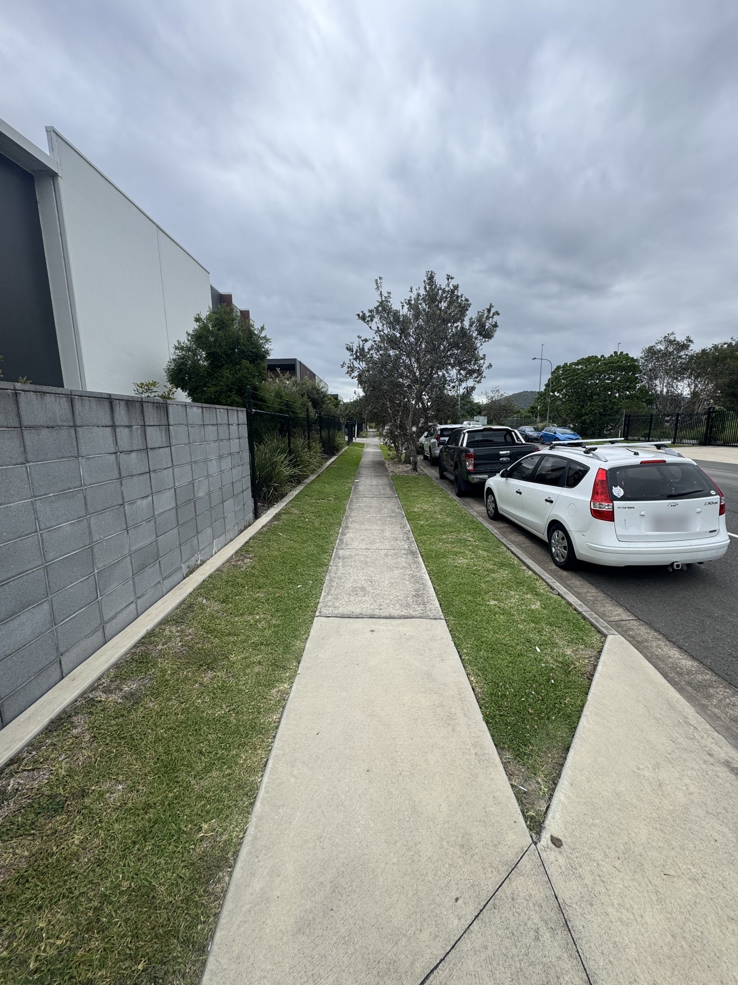 Long clean-edged path and lawn strip in an industrial estate
